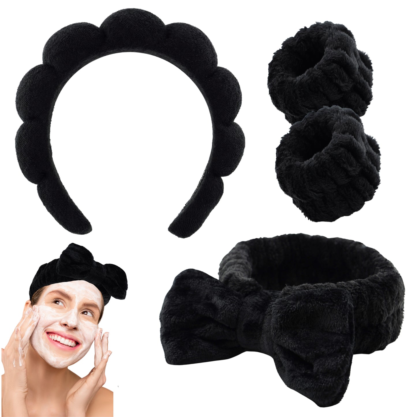 A set of black spa headbands and wristbands made of plush fabric 2 Orchids
